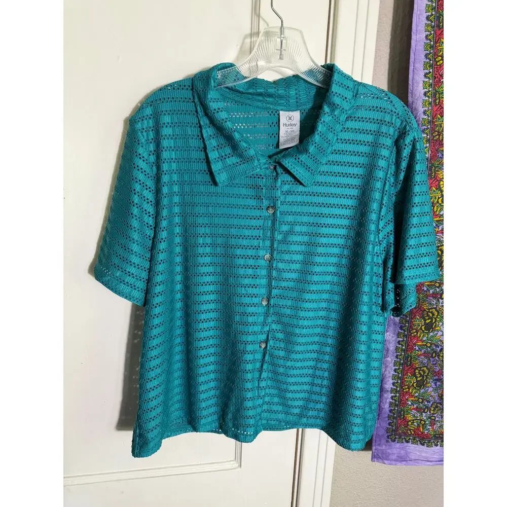 Hurley Teal 2 Piece Set Wide Leg Pants Button Shirt Crochet Open Knit - XL